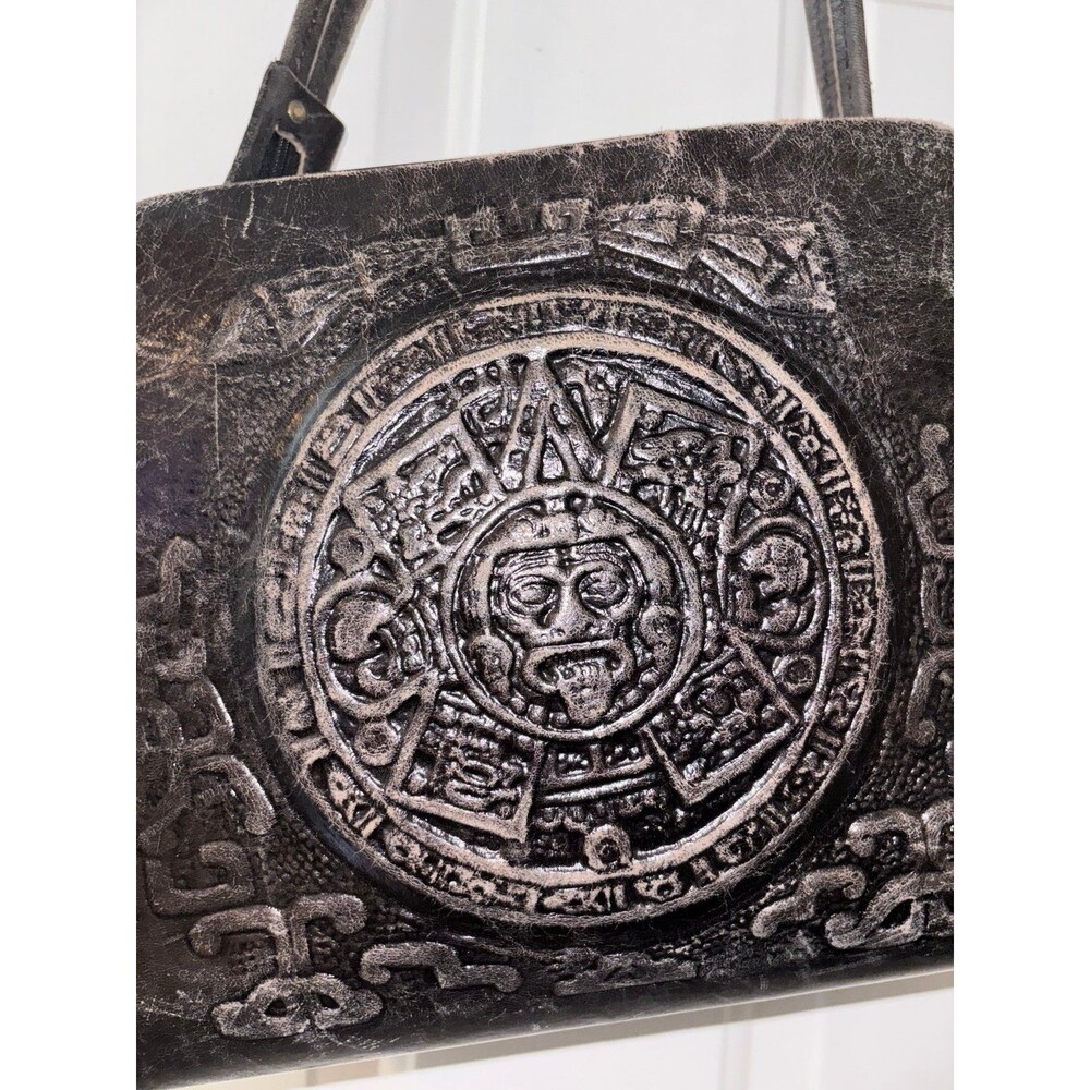 Vintage Perlina  Leather Organizer Bag - Aztec Embossed Mayan Pyramid detail